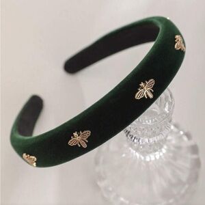 Elegant Green Velvet Headband with Gold Bee Accents